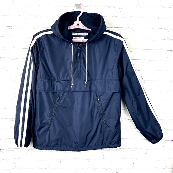 |•TOMMY HILFIGER•| Fully Fleece Lined Pack-Away Windbreaker Hooded Vintage - Picture 1 of 16